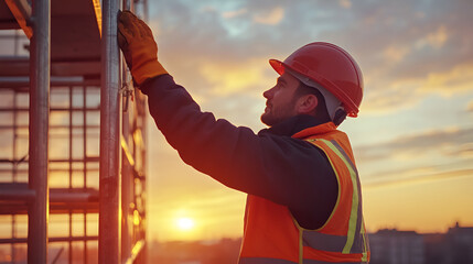 Construction worker adjusting scaffolding with safety gloves and helmet at dawn