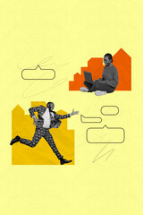 Sketch art 3d creative pop collage of happy businessman businesswoman stand arrow pointer geolocation icon map success promotion