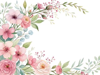 Watercolor Floral Corner Border with Pink Roses and Greenery for Invitations