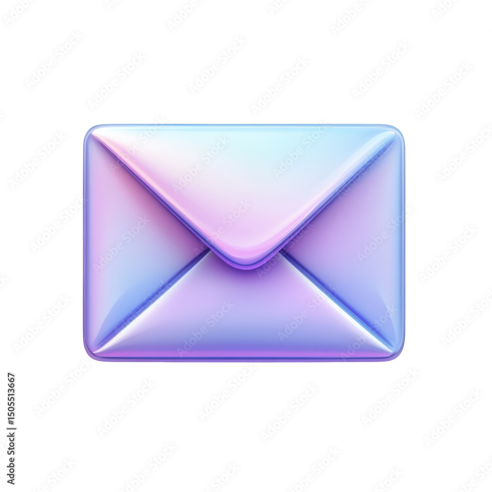 Poster holographic envelope floating suggesting a received message with glossy on transparent background