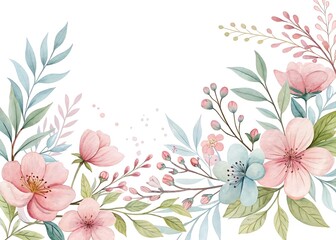Watercolor Floral Corner Border Arrangement with Pink and Blue Blossoms on White