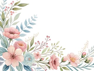 Watercolor floral corner arrangement with pink and blue flowers and foliage
