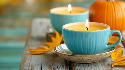 Autumn Cozy Scene Burning Candles in Teal Teacups with Pumpkin and Leaves