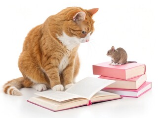 cat and mouse with books  isolated on white background.