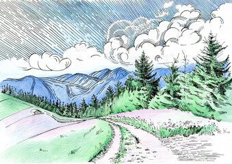 Watercolor illustration. Spring summer landscape with trees and meadow. Can be used for books, illustrations, etc.