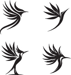 Black and White Stylized Bird Illustrations with Elegant Wing Patterns