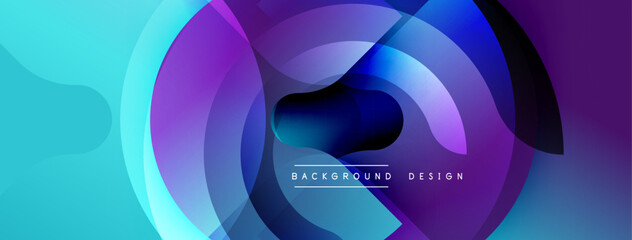 Abstract circles overlap, creating vibrant blue, purple gradients. Modern design suggests technology, innovation, dynamic energy.