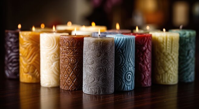 Assortment of decorative candles in various colors and patterns