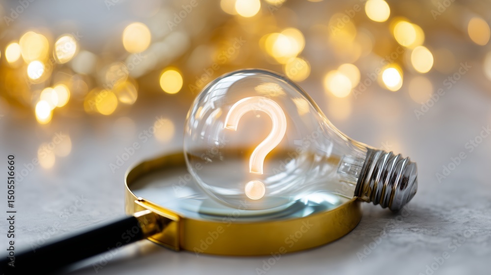 Aufkleber magnifying glass focuses on a light bulb with a question mark symbolizing curiosity and ideas in a c