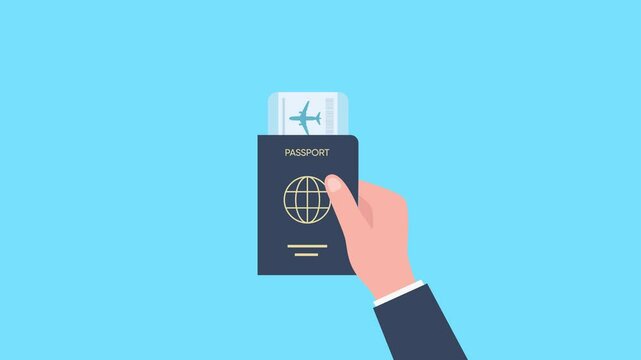 animation hand holding passport with airplane ticket.concept of vacation.4k motion graphic