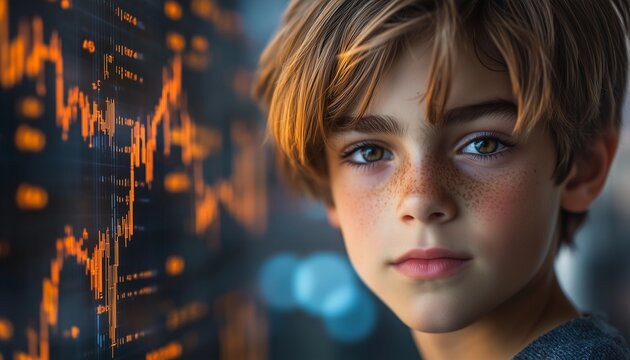 boy with stock chart, boy finance expert, boy analyzing stock market chart, boy with stock market chart background behind, stock market