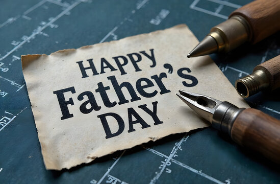 Handdrawn tools with Happy Fathers Day text, blueprint background. High quality photo