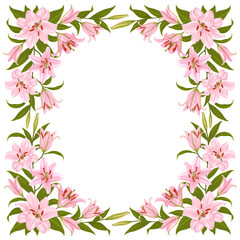 Floral frame with pattern of pink lily flowers. Lilies vignette. Cute floral decoration. Border with daylily, flowers, leaves, buds isolated on white background. Vector illustration