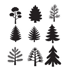 Obraz premium A collection of black silhouette illustrations of different types of trees on white background