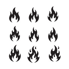 A collection of nine black and white fire icons, perfect for graphic design projects.