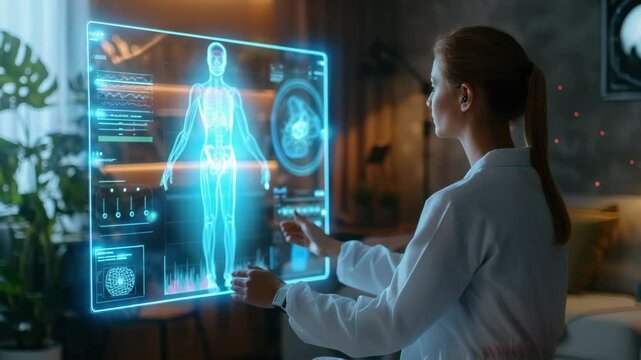 Medical professional analyzes health data using advanced technology in a luminous environment