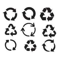 A set of various recycling symbols, including circular arrows and the classic triangle-shaped recycling logo.