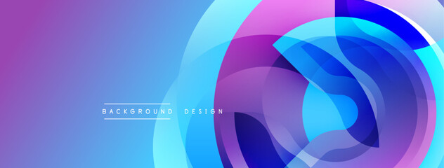 Abstract background features overlapping circles. Colors blend from purple, blue, cyan creating dynamic visual effect. Modern design element.