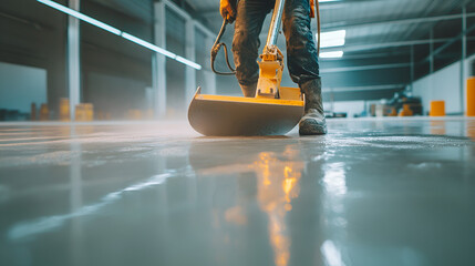 construction workers in a factory, Concrete crew smoothing freshly poured, construction site with a lot of workers
