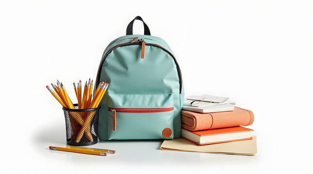 Composition pour la rentr&eacute;e des classes, sac &agrave; dos et accessoires isol&eacute;s sur fond blanc 