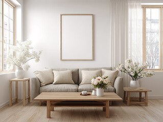 Cozy, minimalist living room with wooden furniture and light beige accents.  A blank frame hangs on the wall, highlighting the space