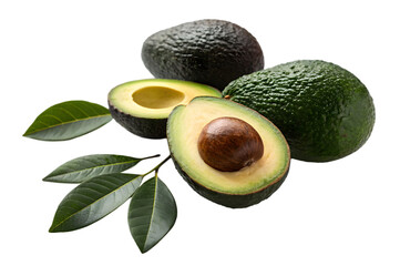 Fresh Whole and Halved Avocados with Leaves on Transparent Background