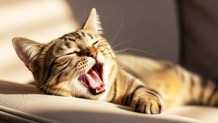 Adorable Tabby Cat Yawning in the Sunlight