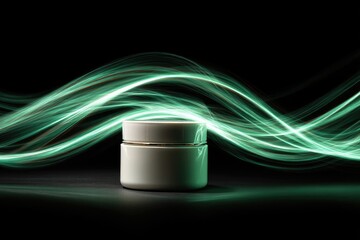 White jar of cream sits on dark surface, surrounded by vibrant green light trails against a black background