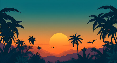 Tropical sunset, Palm tree sunset, Sunset beach, Sunset with palm trees, Tropical landscape, Island sunset, Summer evening, Exotic sunset, Sunset over ocean, Palm silhouette, Beach sunset scene, Tropi