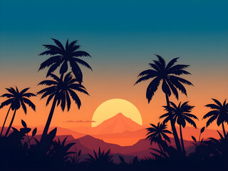 Tropical sunset, Palm tree sunset, Sunset beach, Sunset with palm trees, Tropical landscape, Island sunset, Summer evening, Exotic sunset, Sunset over ocean, Palm silhouette, Beach sunset scene, Tropi