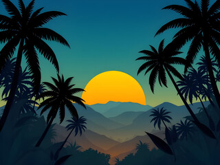 Obraz premium Tropical sunset, Palm tree sunset, Sunset beach, Sunset with palm trees, Tropical landscape, Island sunset, Summer evening, Exotic sunset, Sunset over ocean, Palm silhouette, Beach sunset scene, Tropi
