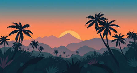 Tropical sunset, Palm tree sunset, Sunset beach, Sunset with palm trees, Tropical landscape, Island sunset, Summer evening, Exotic sunset, Sunset over ocean, Palm silhouette, Beach sunset scene, Tropi