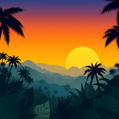 Tropical sunset, Palm tree sunset, Sunset beach, Sunset with palm trees, Tropical landscape, Island sunset, Summer evening, Exotic sunset, Sunset over ocean, Palm silhouette, Beach sunset scene, Tropi