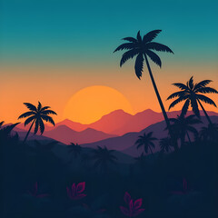 Tropical sunset, Palm tree sunset, Sunset beach, Sunset with palm trees, Tropical landscape, Island sunset, Summer evening, Exotic sunset, Sunset over ocean, Palm silhouette, Beach sunset scene, Tropi