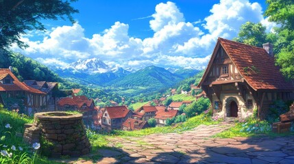Fototapeta premium A picturesque mountain village scene under a vibrant sky.