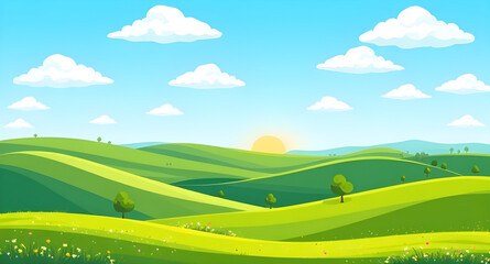 Obraz premium Green field, Blue sky sunrise, Sunrise landscape, Morning field, Green meadow, Sunrise sky, Nature sunrise, Countryside sunrise, Early morning field, Sun rising over field, Blue sky background, Sunris