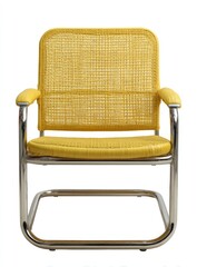 Fototapeta premium Mustard yellow woven chair with chrome tubular legs and arms; simple, mid-century modern design