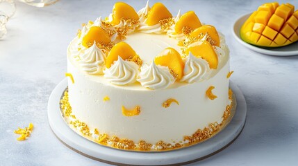 A rich and flavorful mango and durian cake with thick cream, topped with fresh mango slices and edible gold flakes.