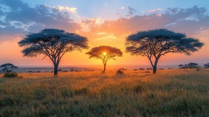 Obraz premium African Savanna Sunset, Three Acacia Trees Silhouetted Against a Vibrant Sky