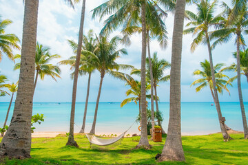 Hammock hanging between palm trees on tropical beach with turquoise sea and green grass with nobody, paradise setting for relaxation, summer vacation and peaceful escape, Phu Quoc island, Vietnam