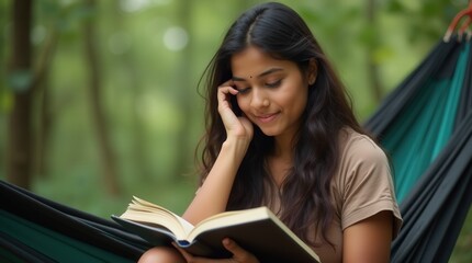 Young Indian woman journaling in forest hammock for relaxation and inspiration