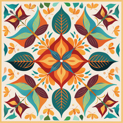 Fototapeta premium Stylized Batik Tambal Vector Art Square Floral Design with Butterflies