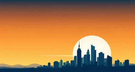 Fototapeta premium City skyline at sunset, Sunset cityscape, Urban skyline silhouette, City skyline vector, Sunset over buildings, City lights at dusk, Sunset architecture, Evening city skyline, Silhouetted buildings, S