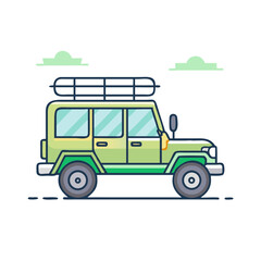Fototapeta premium Stylized Green Off Road Vehicle with Roof Rack and Cloud Accents