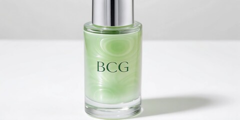 Bio, Circular and Green Economy BCG concept Glass bottle of green liquid with BCG label on a minimalist background.
