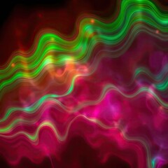 Obraz premium Vibrant, swirling waves of luminous green, pink, and red hues, creating an abstract, cosmic effect with glowing particles