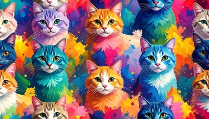 Colorful Cats Seamless Pattern.