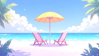 Relaxing Beach Chairs Under Umbrella with Ocean View in Paradise