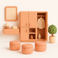 Minimalist 3D Rendered Room Interior with Orange Furniture
