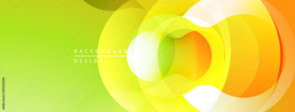 Poster Abstract circles overlap, creating vibrant gradients. Green background complements orange, yellow hues. Modern design element.